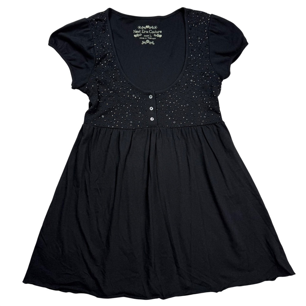 VTG Y2K Next Era Couture Black Beaded Henley Babydoll Top L Mall Core Bella Swan
